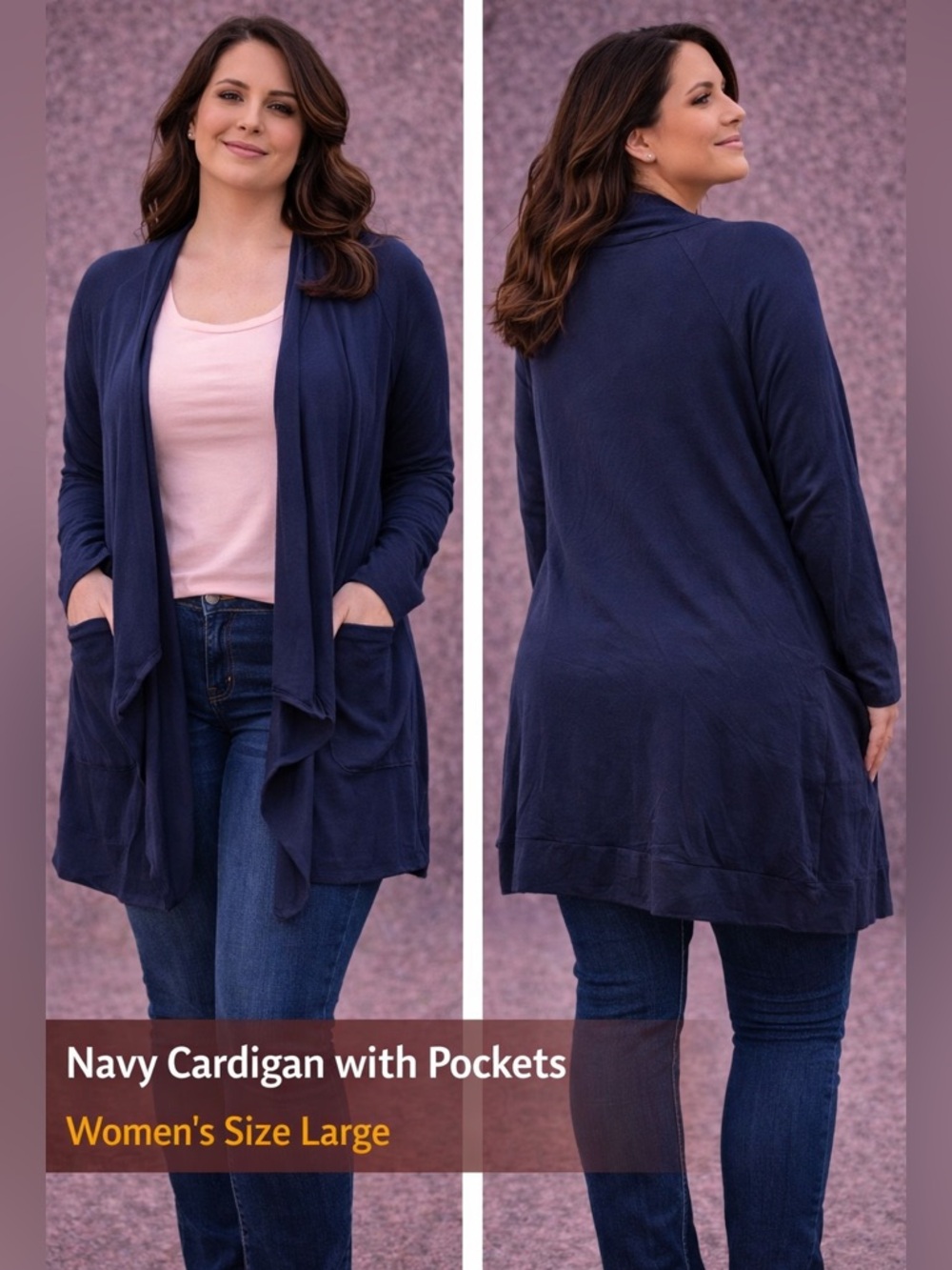 Sonoma Navy blue Draped Open-Front Women's Cardigan Sweater LARGE with pockets